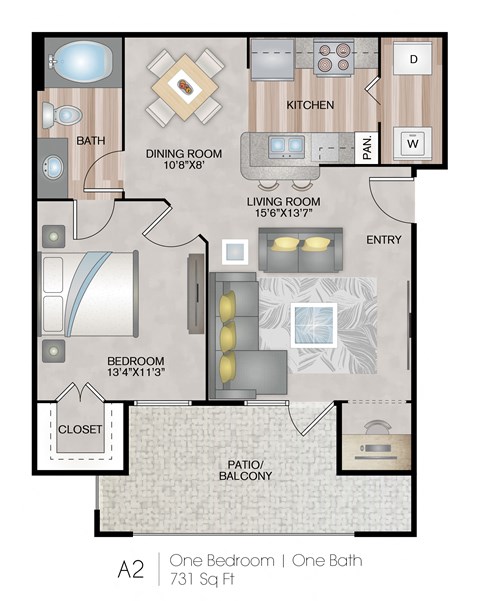 Floor plan for 1 bed, 1 bath, 731 sqft